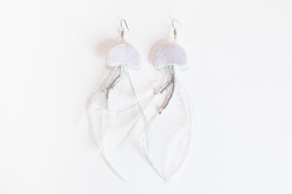a pair of earrings with white feathers on a white background