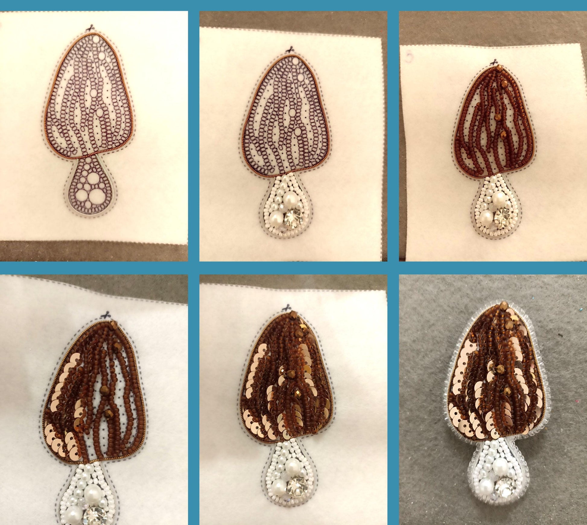 a series of pictures showing how to sew a beaded brooch
