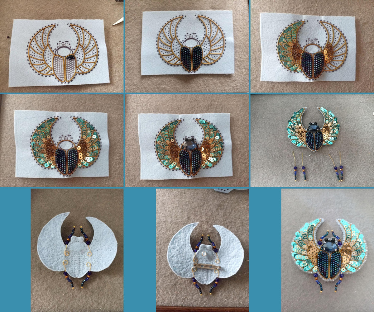 The image is a collage of nine photographs depicting various stages of a craft project, featuring intricate designs and patterns.