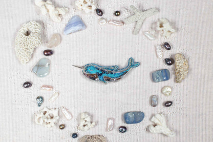 Blue Narwhal - Readymade Beaded Brooch