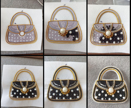 The image is a collage of six images depicting the process of creating a handbag design, showing the different stages from the initial design to the final product.
