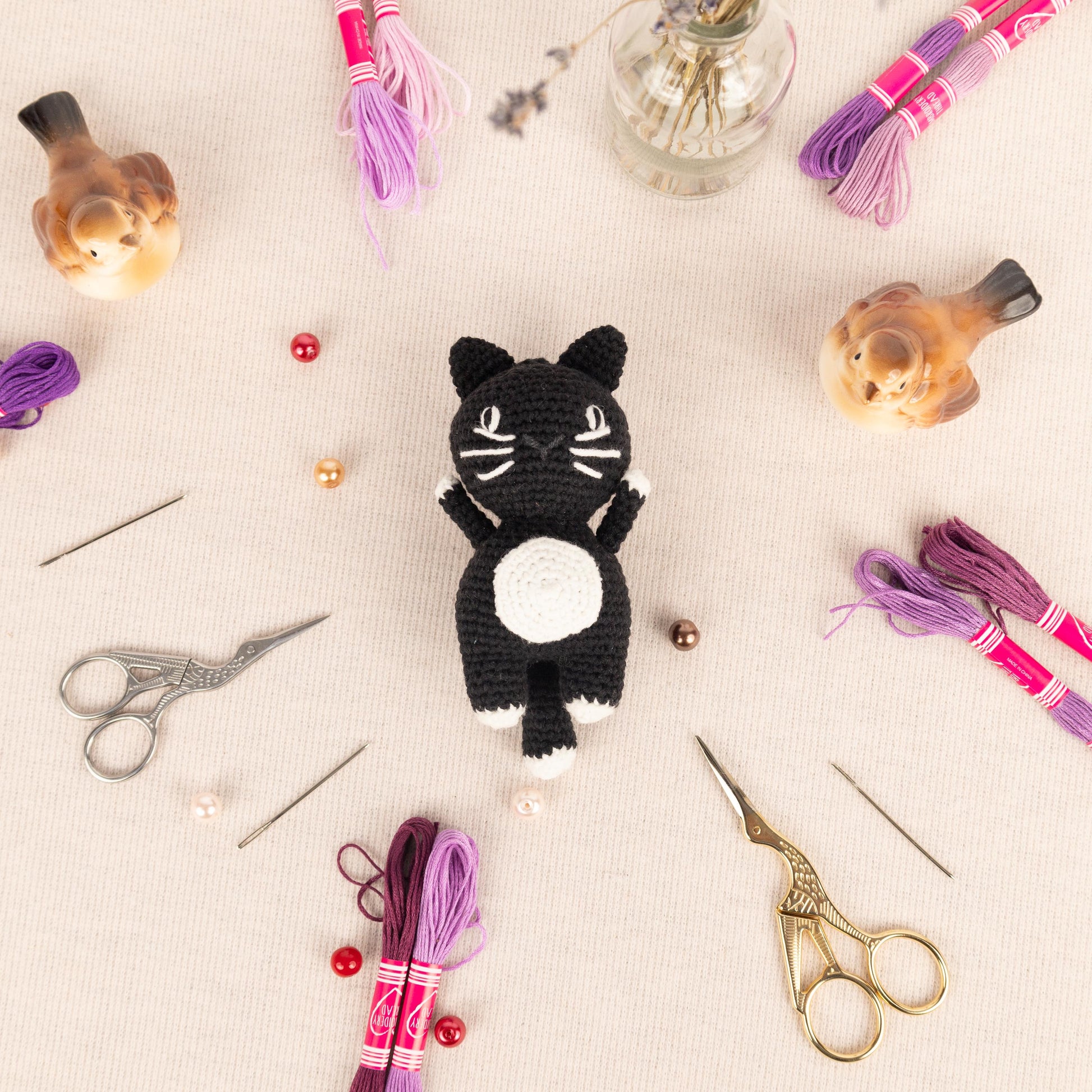 a black cat sitting on top of a table next to a pair of scissors