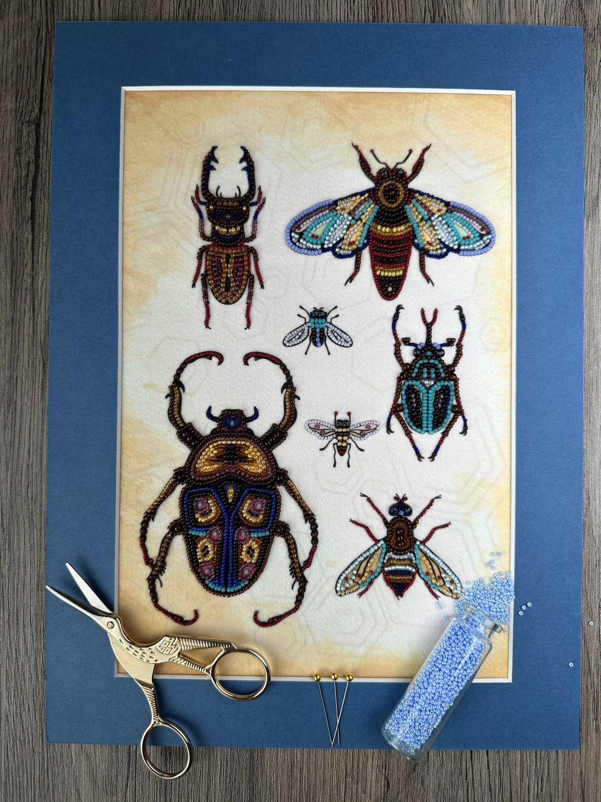 a collection of colorful, detailed illustrations of various insects, including a large beetle, a fly, and several other insects, all set against a beige background. The illustrations are arranged in a frame, and the frame is placed on a wooden surface. Scissors, a small bottle, and a pair of gold scissors are also visible in the image.