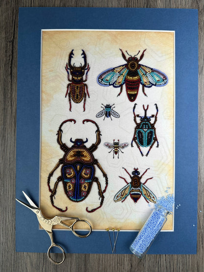a collection of colorful, detailed illustrations of various insects, including a large beetle, a fly, and several other insects, all set against a beige background. The illustrations are arranged in a frame, and the frame is placed on a wooden surface. Scissors, a small bottle, and a pair of gold scissors are also visible in the image.