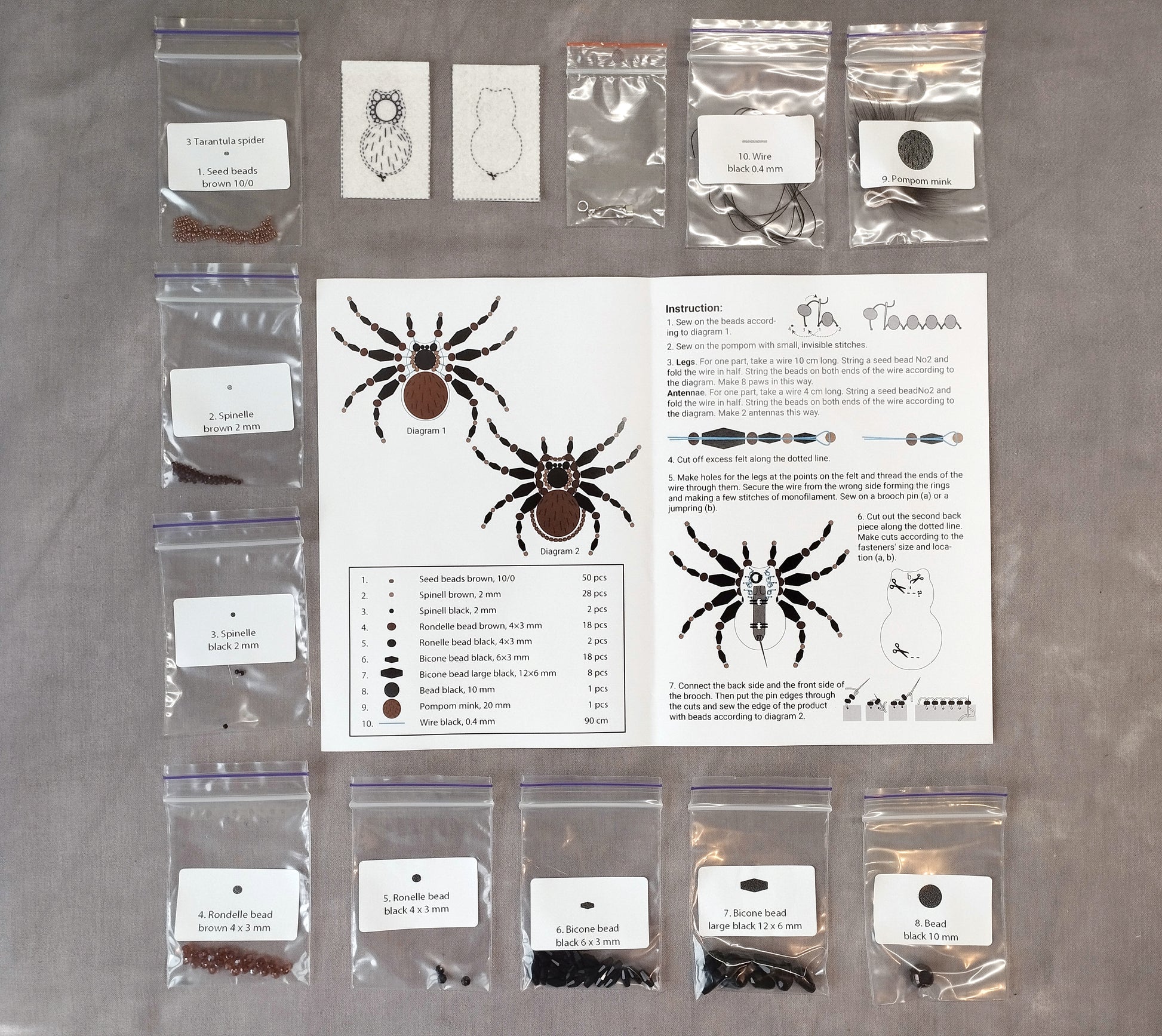 various items related to spiders, including bags of seeds, a diagram of a spider, and instructions for assembling a spider.