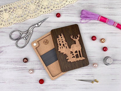 a wooden cutting board with a picture of a deer