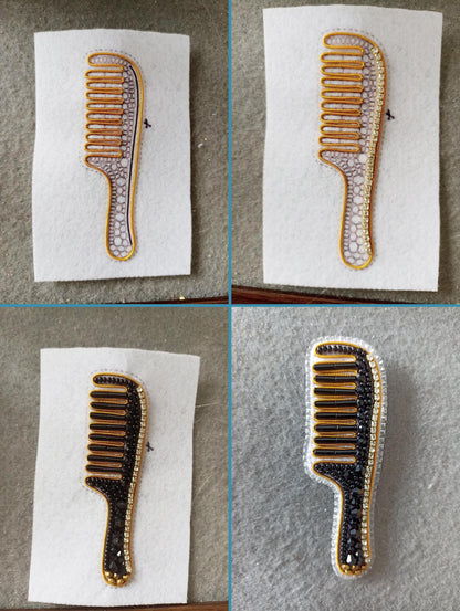 The image is a collage of four photographs depicting a comb with a gold and black design.
