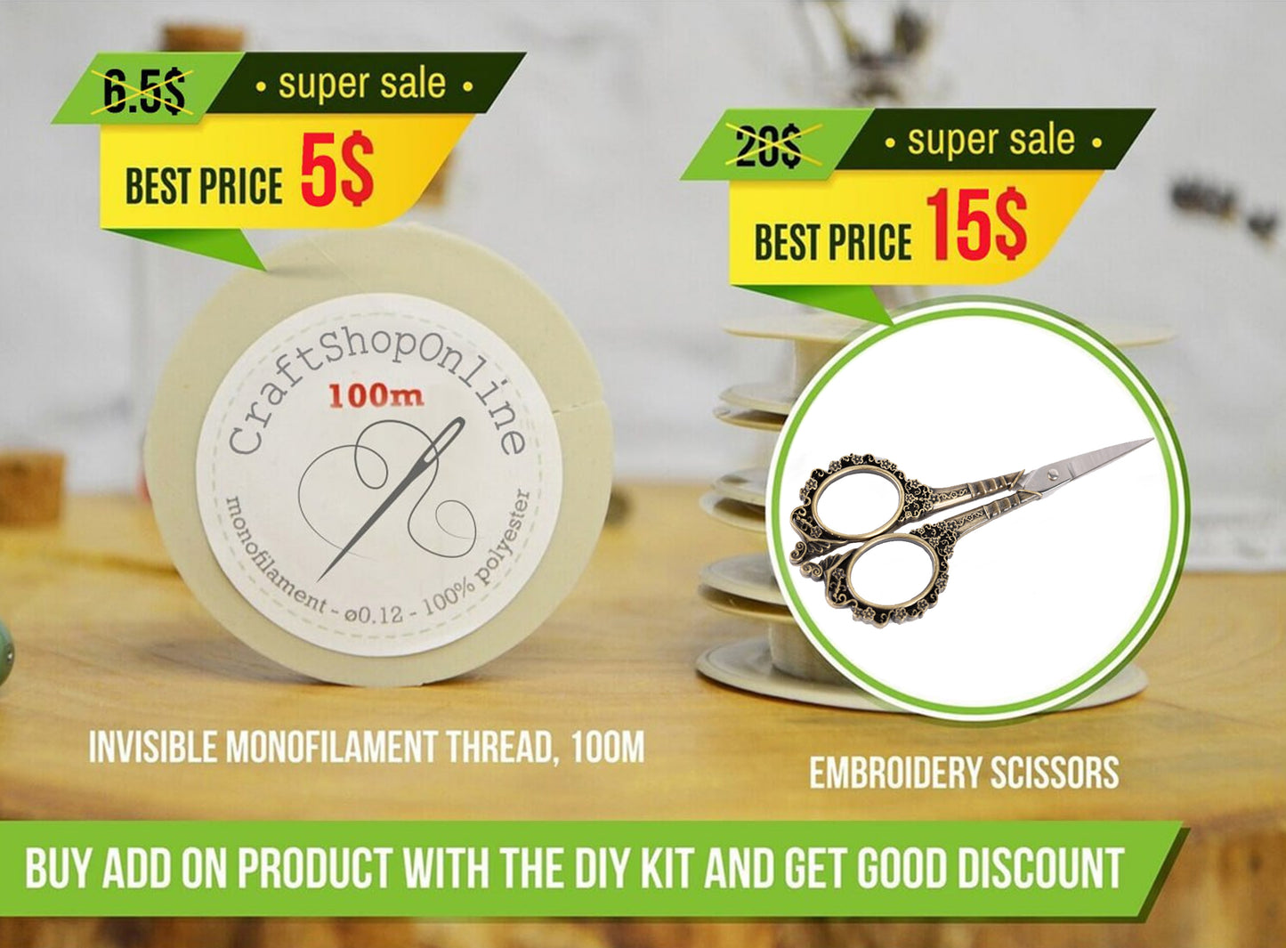 two price tags for sewing supplies, including a monofilament thread and embroidery scissors, with a DIY kit available. The tags display the prices for the items and offer a "super sale" discount.
