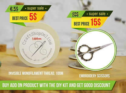 two price tags for sewing supplies, including a monofilament thread and embroidery scissors, with a DIY kit available. The tags display the prices for the items and offer a "super sale" discount.