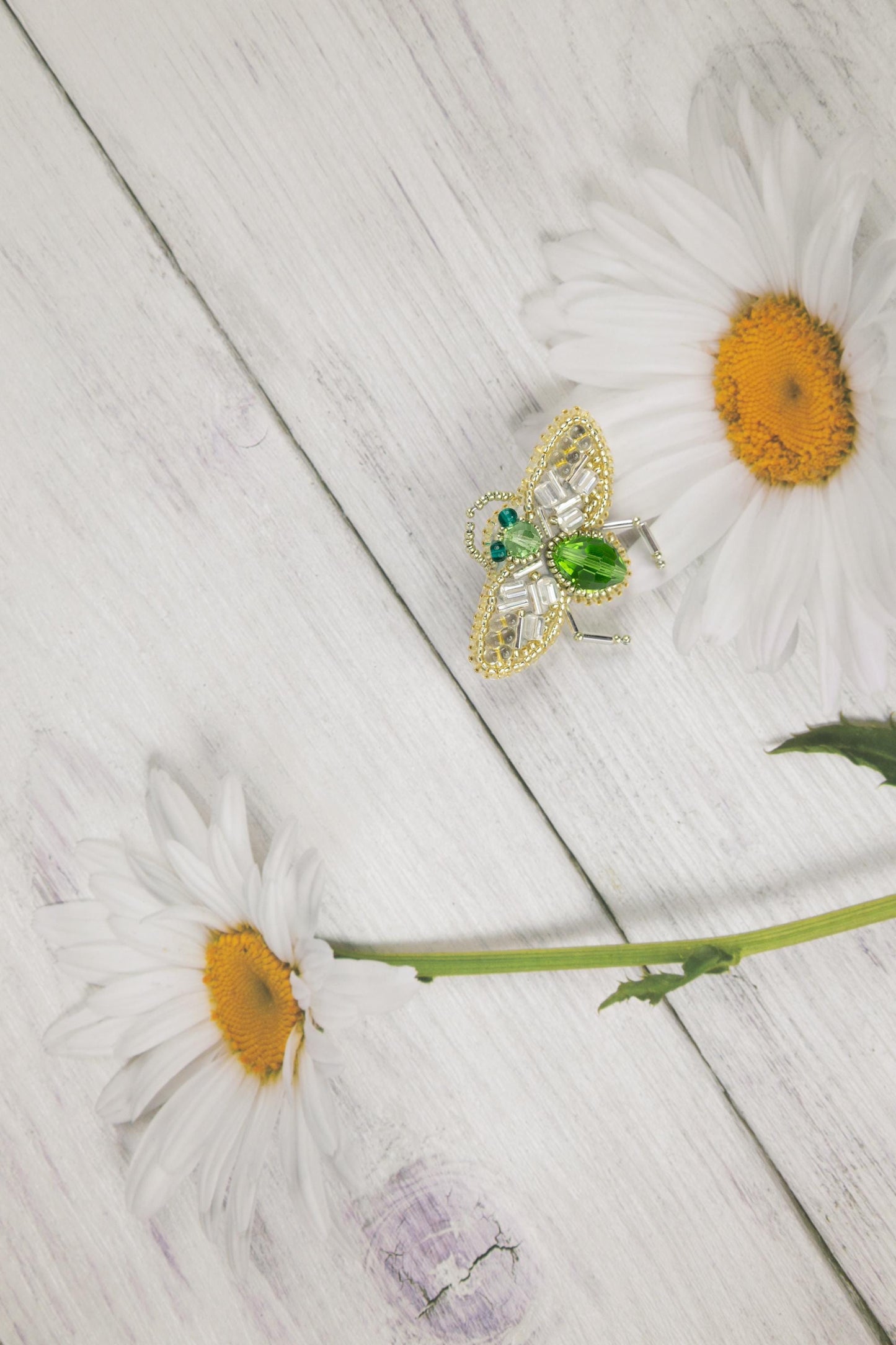 two daisies on a white wooden surface