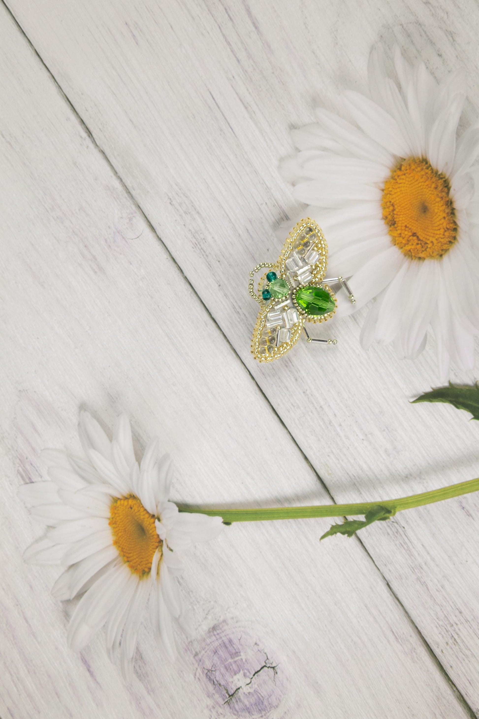 two daisies on a white wooden surface