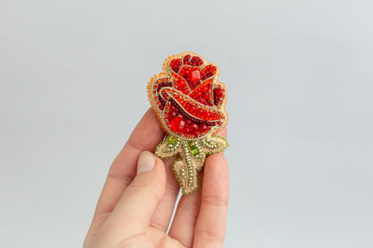 Red Rose Flower - Readymade Beaded Brooch
