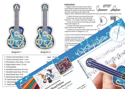 The image is a collage of two diagrams and a hand holding a guitar, along with various beads and instructions for creating a guitar-shaped beadwork.