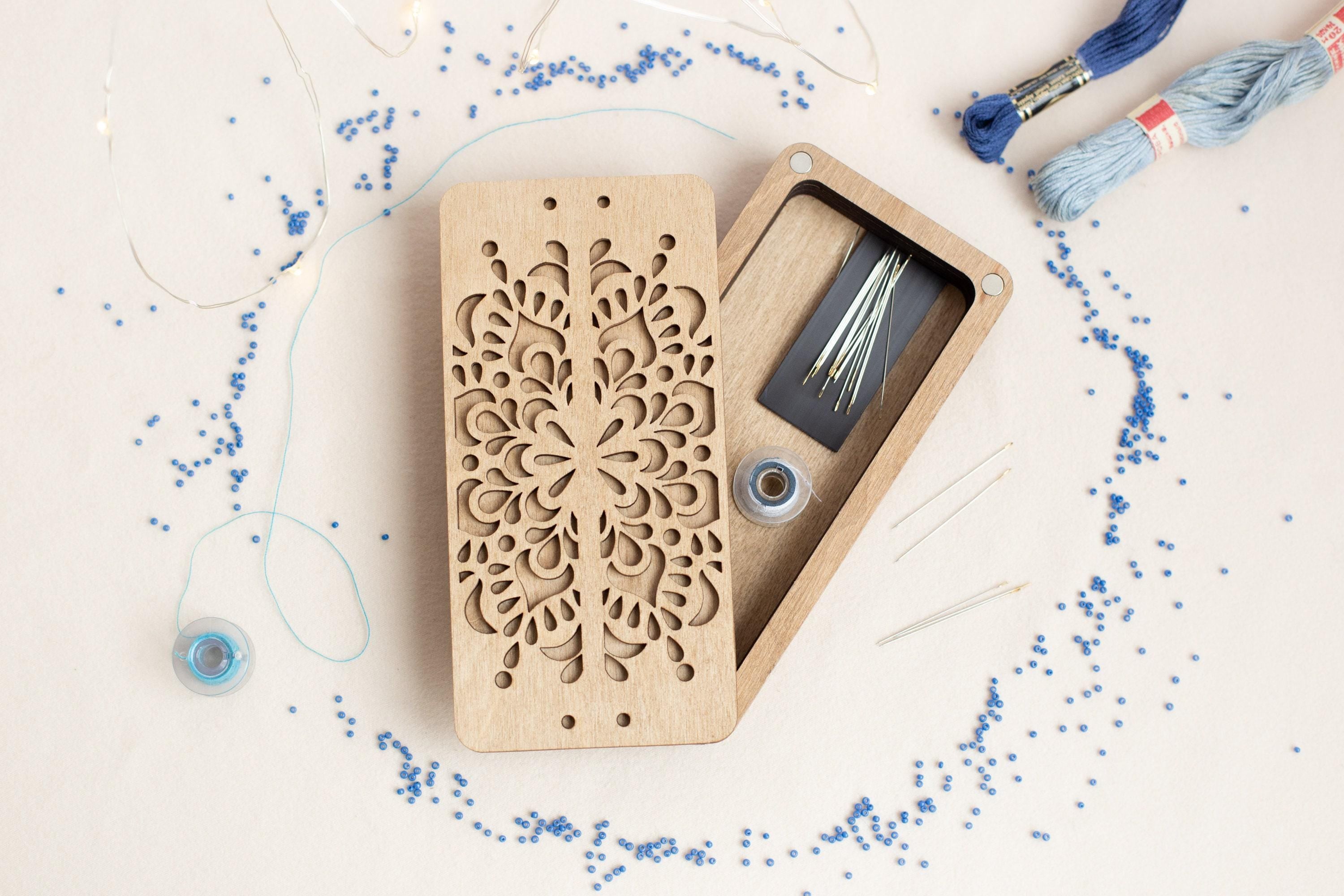 a wooden box with a piece of wood cut out of it