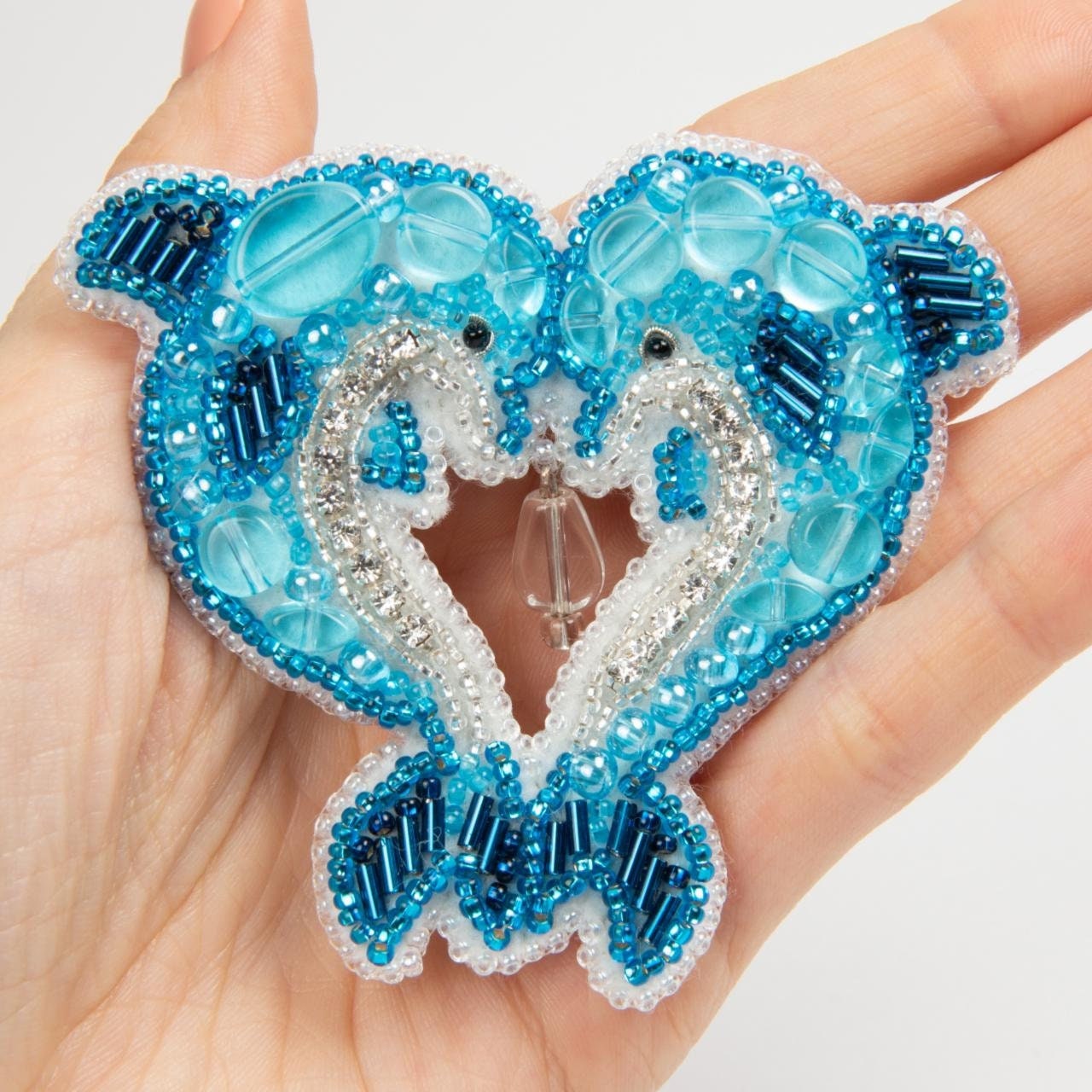 Blue Dolphins - Readymade Beaded Brooch