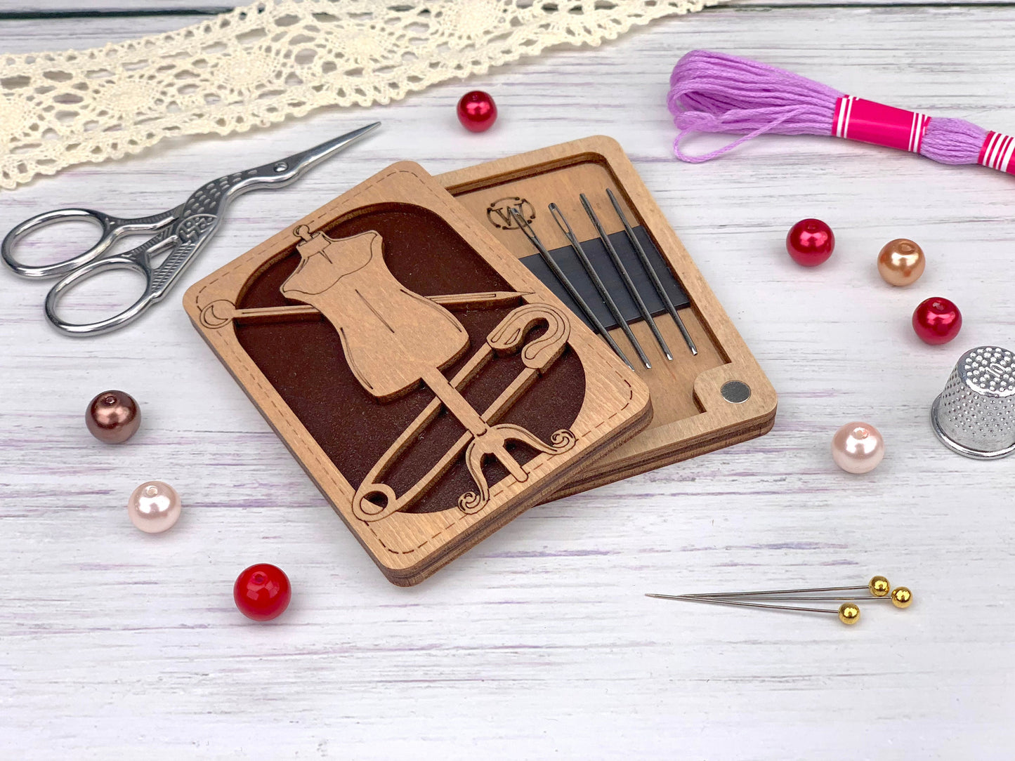 a wooden cutting board with a picture of a woman&#39;s dressmaker on it