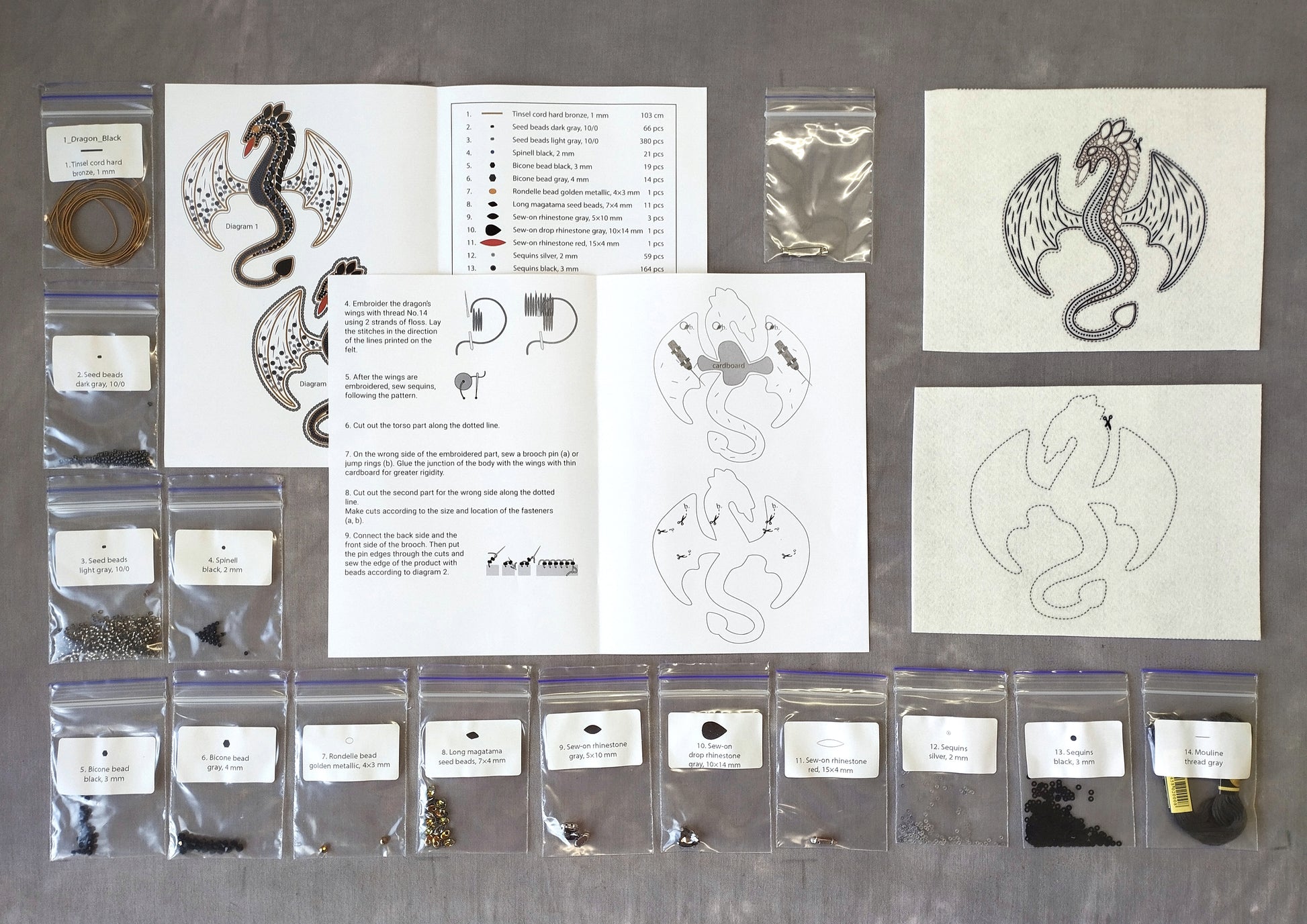 various materials and instructions related to dragon-related projects, including diagrams, instructions, and tools.