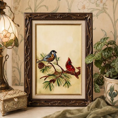 a framed painting of two birds perched on a branch, surrounded by pine cones and greenery. The painting is displayed on a table, with a lamp and a potted plant in the background.