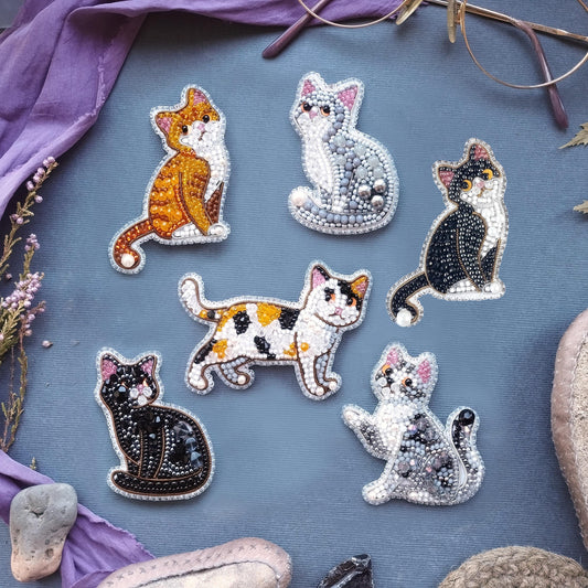 a collection of six cat-themed brooches or badges, each with a unique design and color scheme, arranged on a blue background.