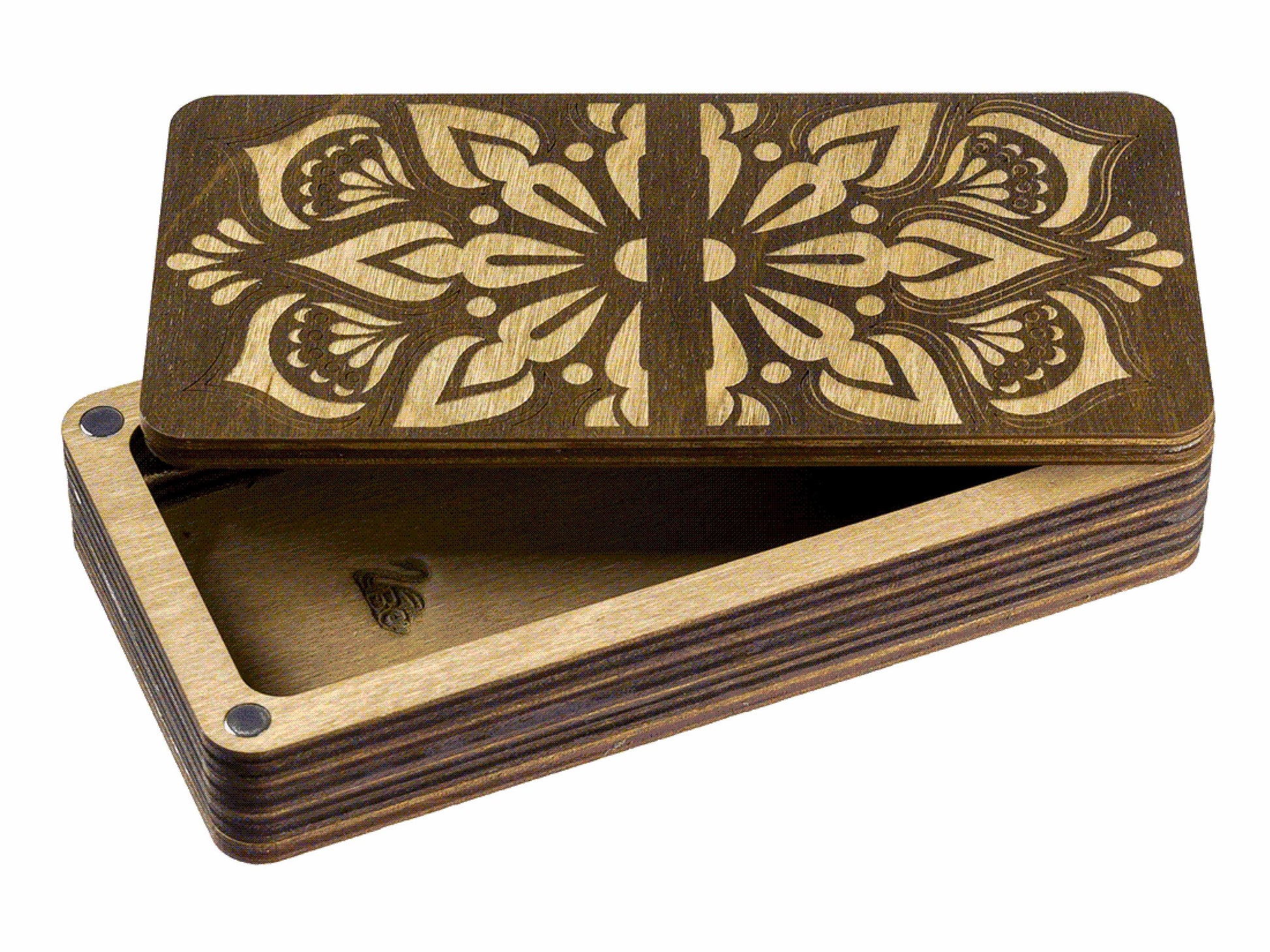 a wooden box with a design on it