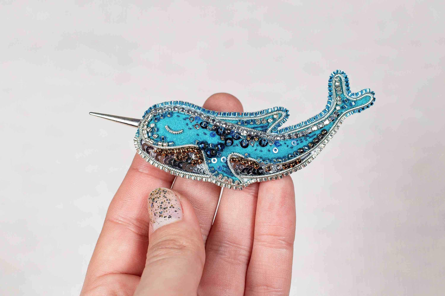 Blue Narwhal - Readymade Beaded Brooch