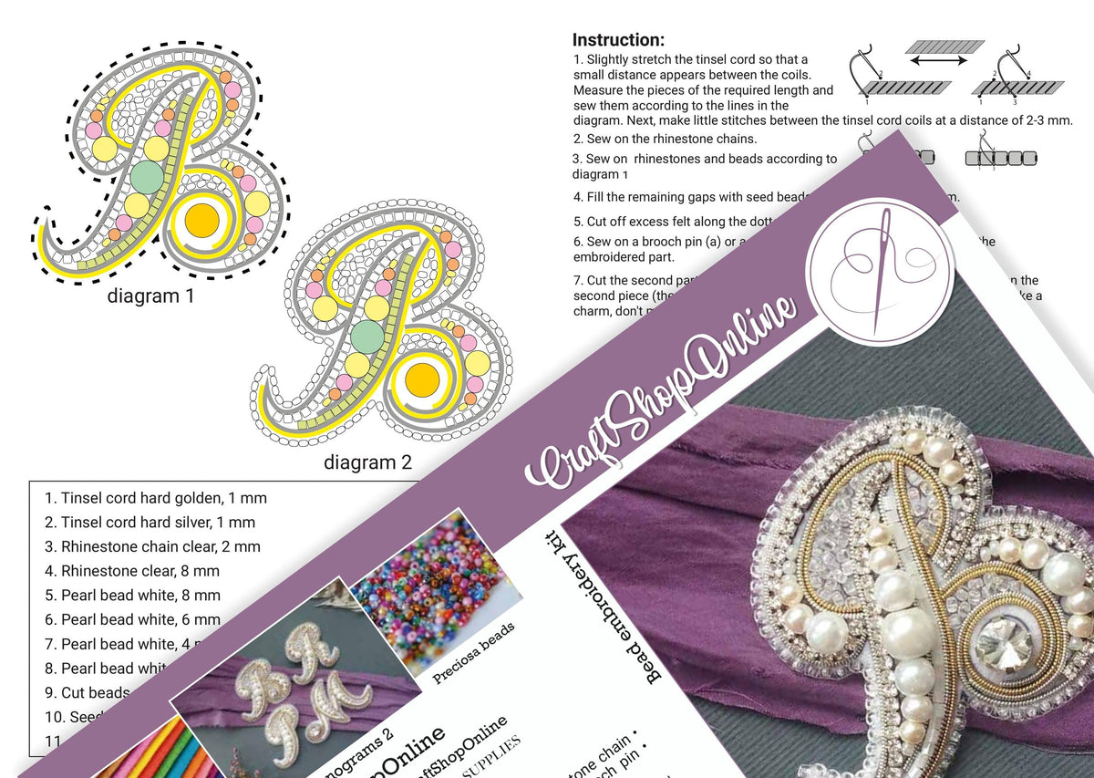 The image is a collage of three images: a diagram of a decorative cord, a close-up of a beaded piece, and a close-up of a beaded piece. The collage includes instructions and images related to beading and crafting techniques.