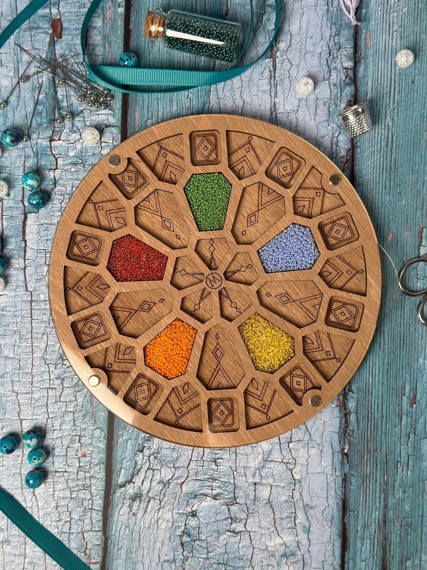 a wooden plate with a variety of spices on it