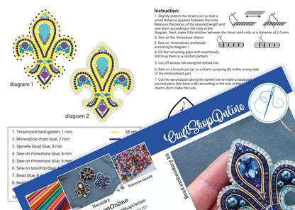 The image is a collage of various images related to beading and embroidery, including diagrams, images of beads, and a hand holding a completed beaded item.