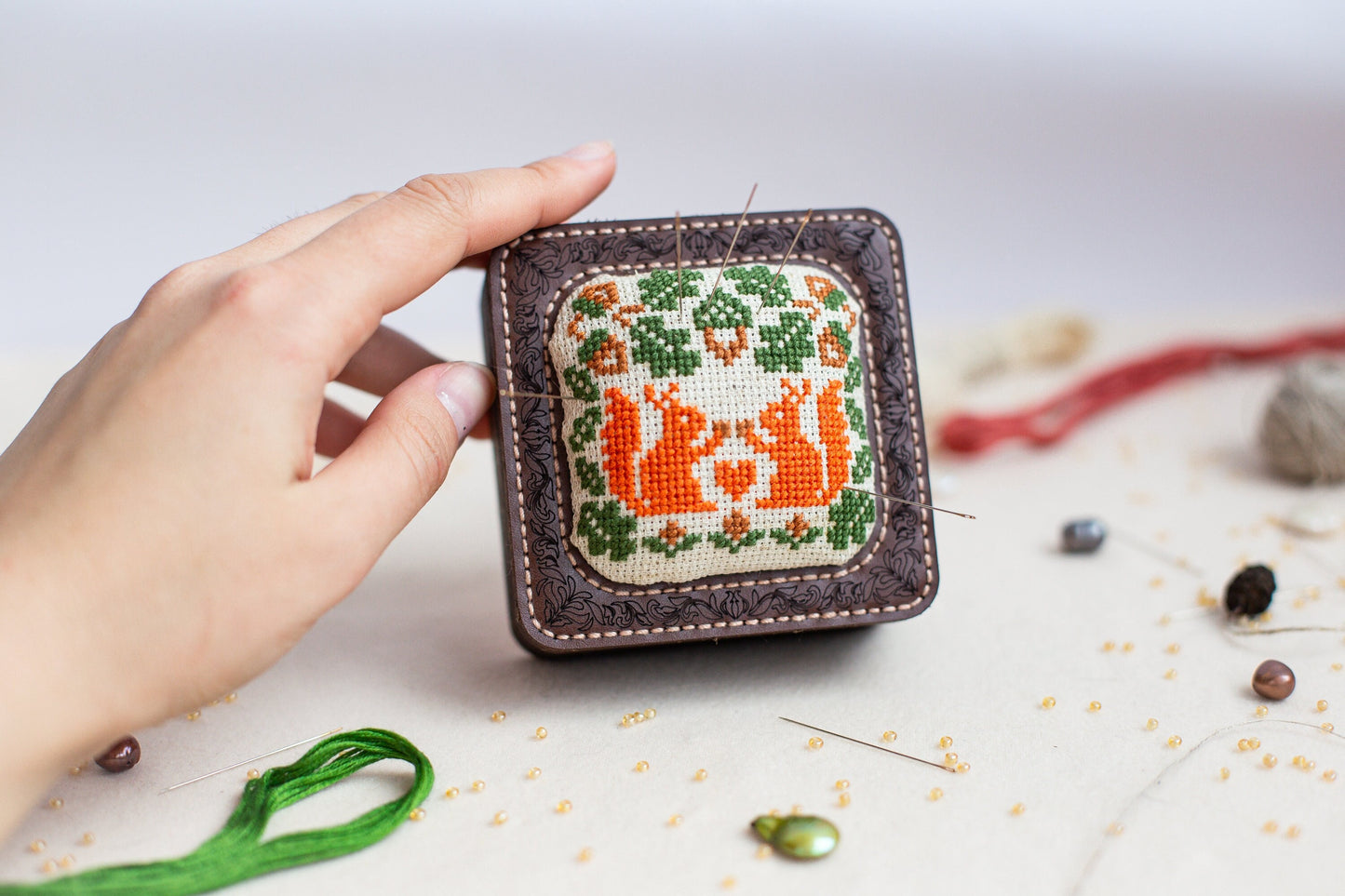 Wooden Pin Cushion Box - DIY Sewing Box Kit with Embroidery Storage Lid