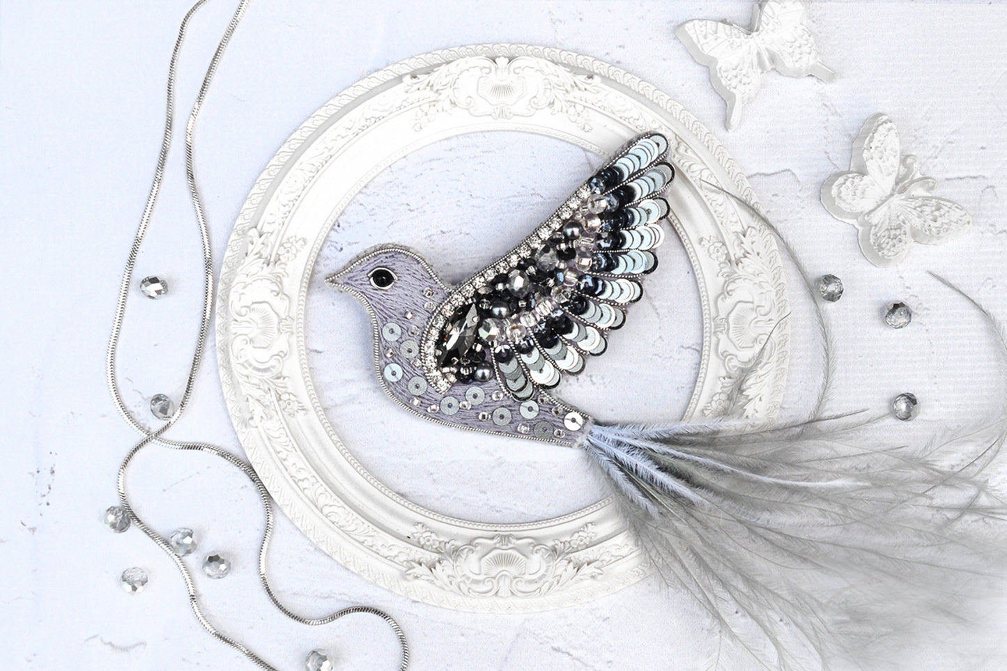 Silver Bird - Readymade Beaded Brooch