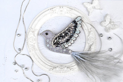 Silver Bird - Readymade Beaded Brooch