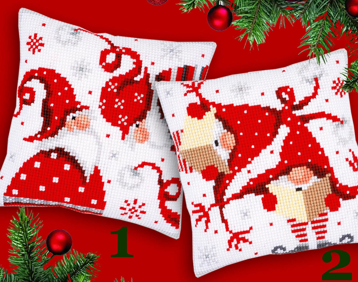 Red Gnomes Embroidery Pillow Kit | DIY Christmas Cross Stitch Cushion Cover