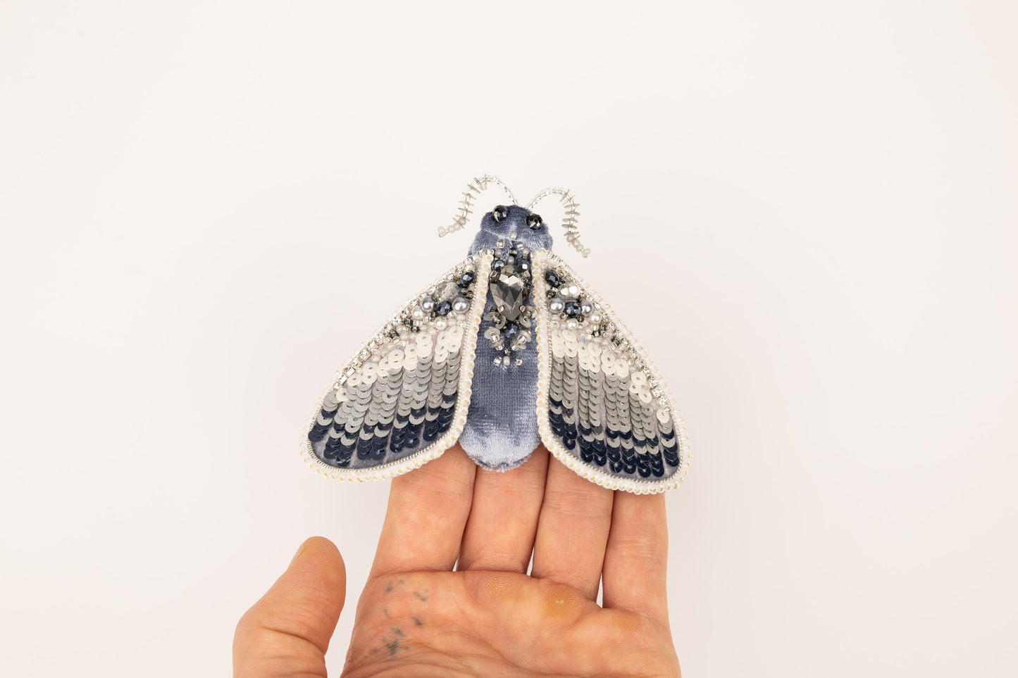 a hand holding a tiny blue and white moth