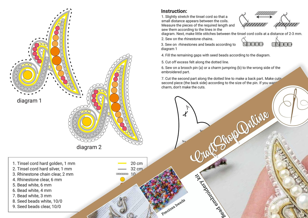 The image is a detailed diagram of a craft project, showing the steps and materials needed to create a decorative item. The diagram includes various components such as a tined cord, seed beads, and other embellishments. The image is a collage of multiple images, and it is not a single, continuous scene but rather a collection of individual images that come together to form a larger picture.