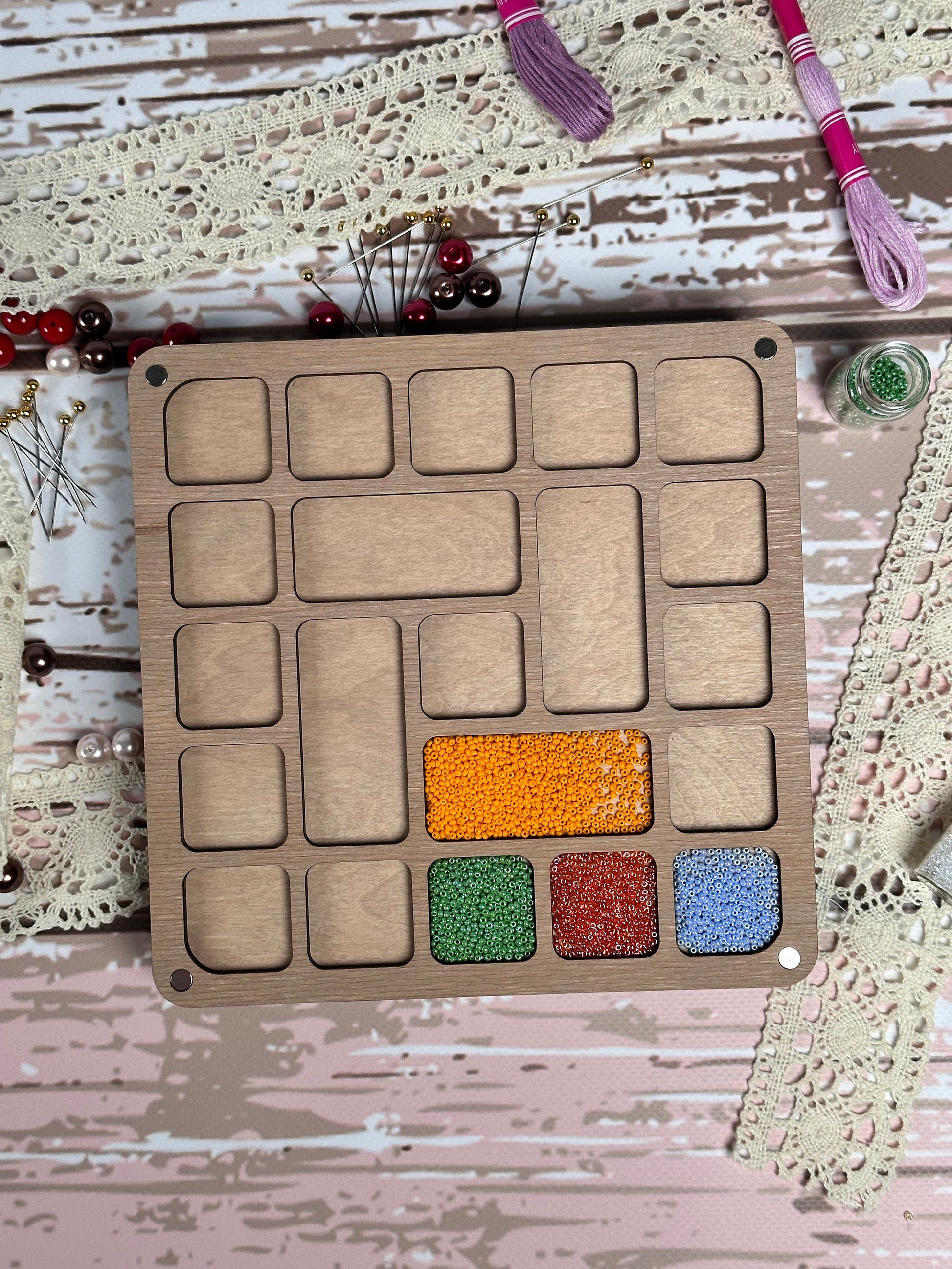 a close up of a wooden board on a table