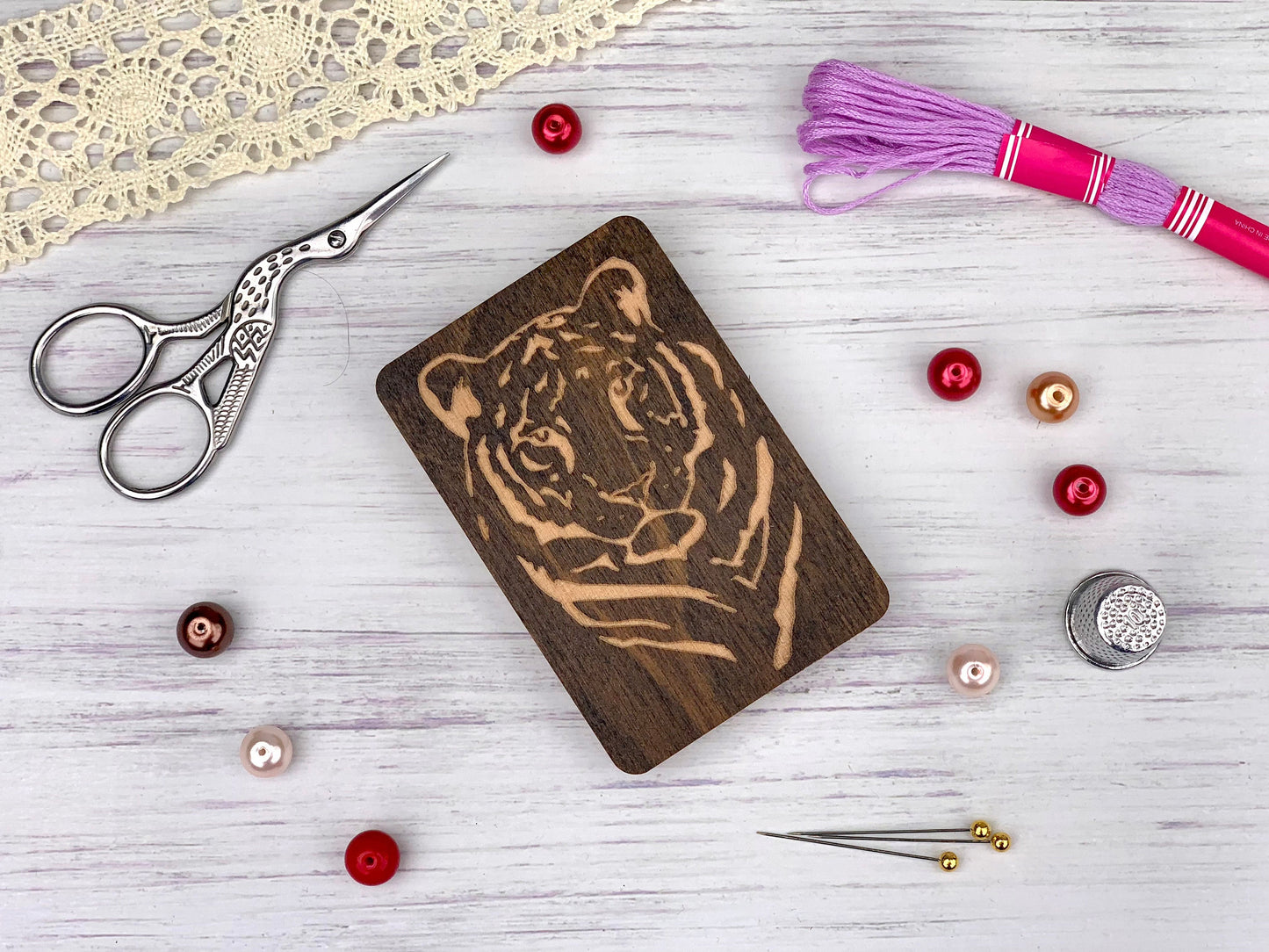 a cutting board with a picture of a tiger on it