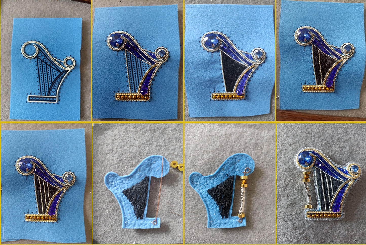 The image is a collage of nine images showing the progress of creating a blue and gold harp brooch. The images depict various stages of the brooch-making process, from the initial design to the final product.