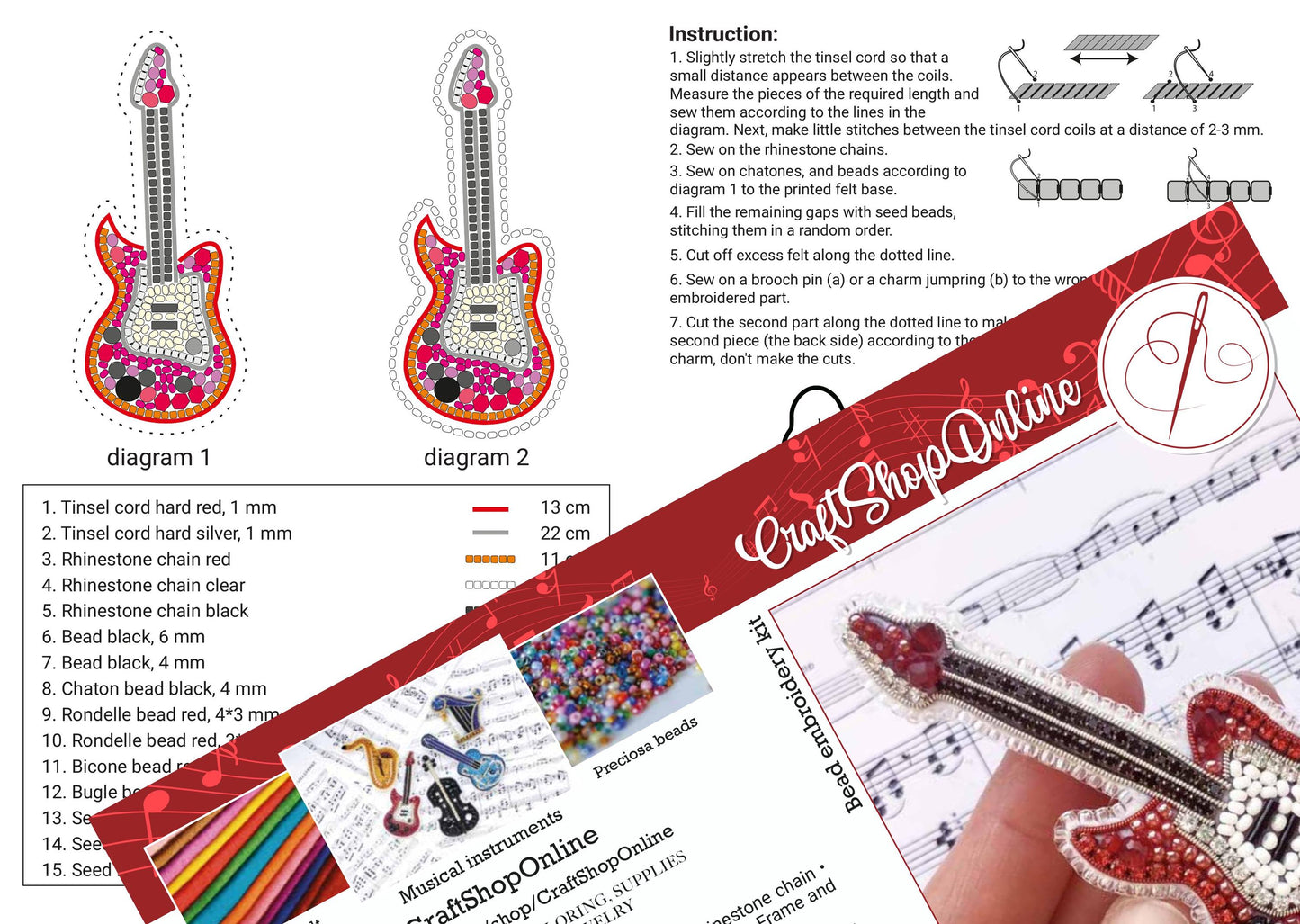 The image is a collage of various images related to crafting, including a detailed diagram of a guitar, a hand holding a bead embroidery kit, and a hand holding a finished bead embroidery piece.