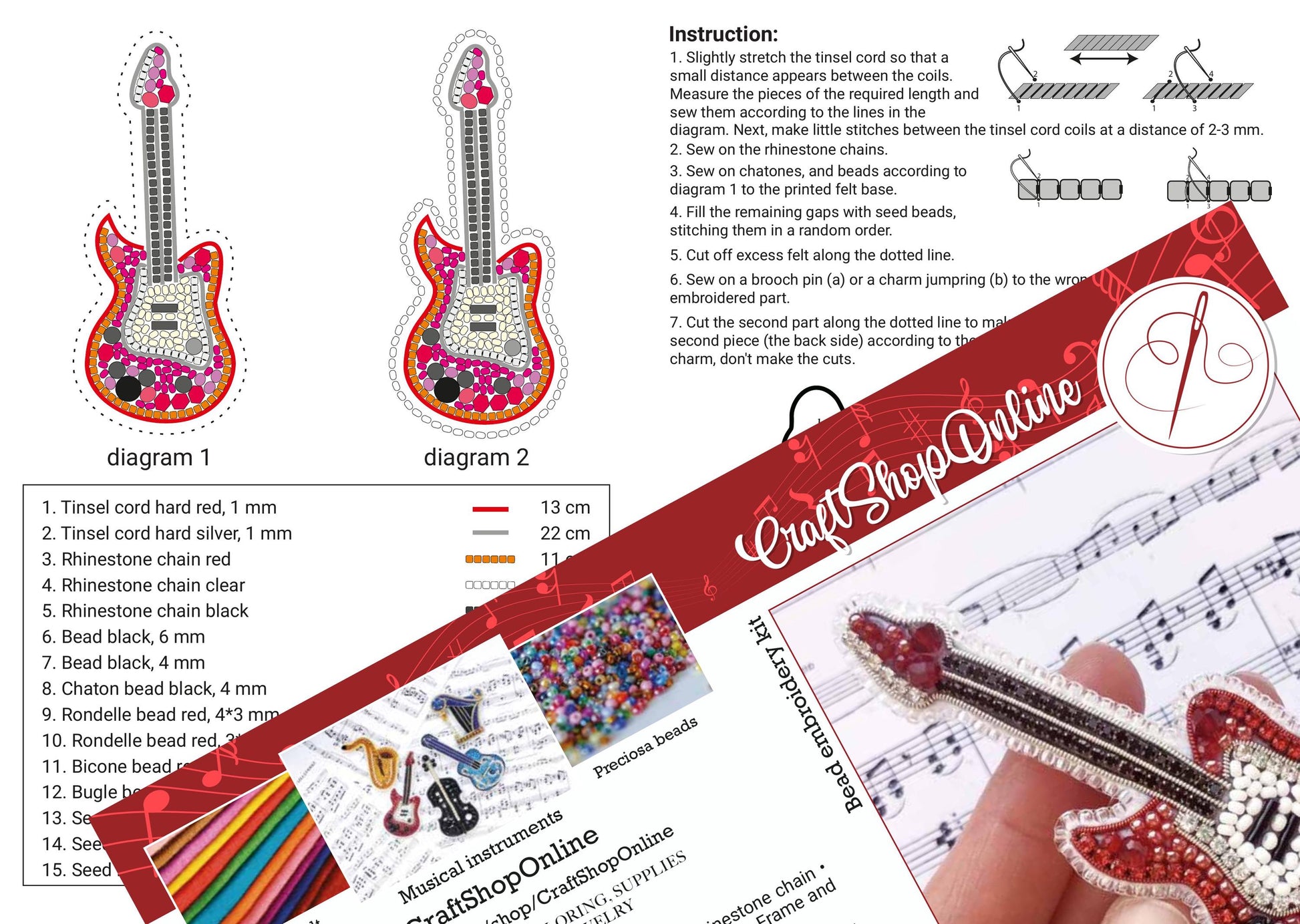 The image is a collage of various images related to crafting, including a detailed diagram of a guitar, a hand holding a bead embroidery kit, and a hand holding a finished bead embroidery piece.