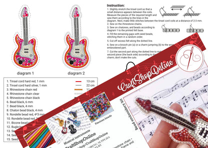The image is a collage of various images related to crafting, including a detailed diagram of a guitar, a hand holding a bead embroidery kit, and a hand holding a finished bead embroidery piece.