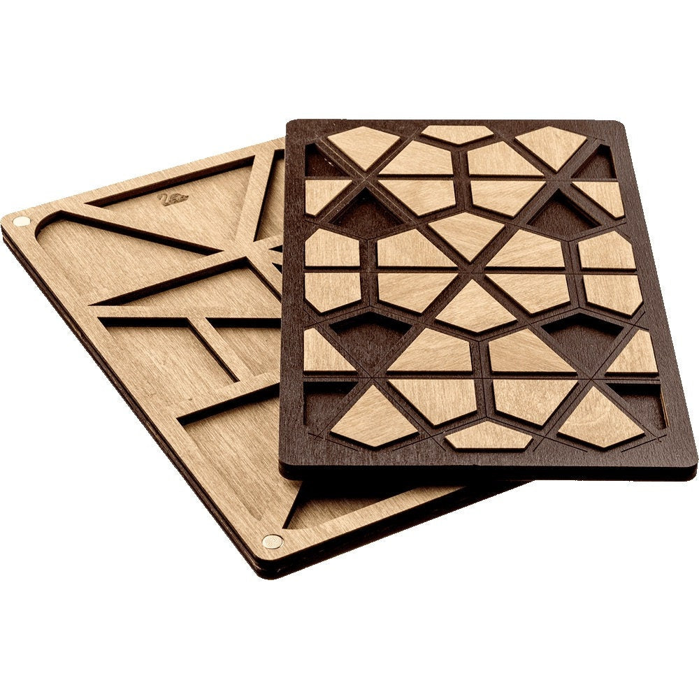 a couple of wooden coasters sitting on top of each other