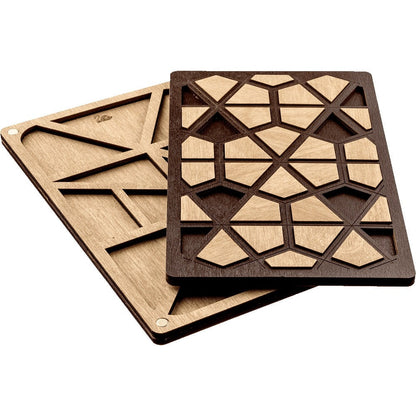 a couple of wooden coasters sitting on top of each other