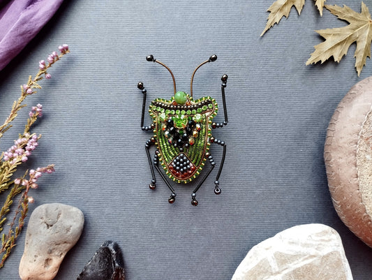 a detailed, intricately designed green and black insect brooch, surrounded by various natural elements such as leaves, rocks, and flowers.