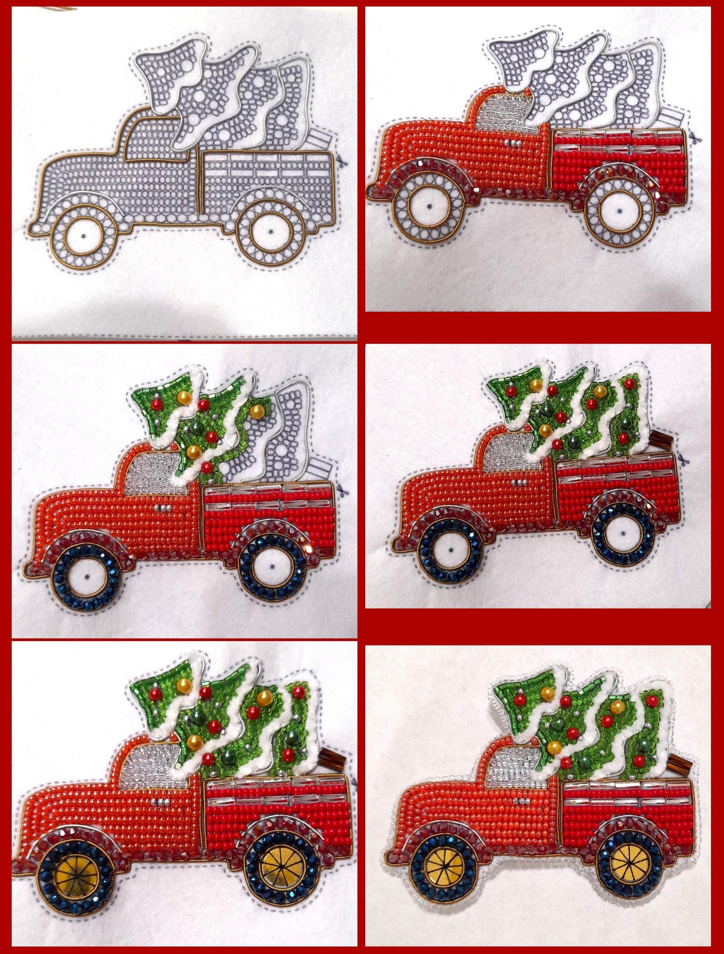 four pictures of a red truck with a christmas tree