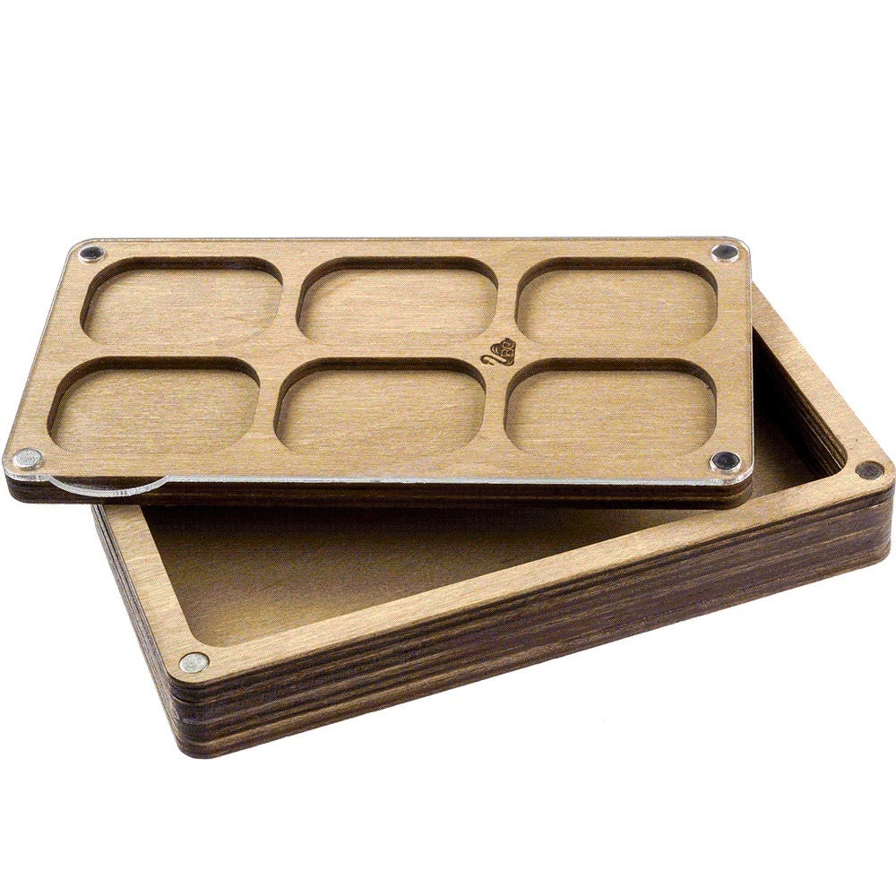 a couple of wooden trays sitting on top of each other