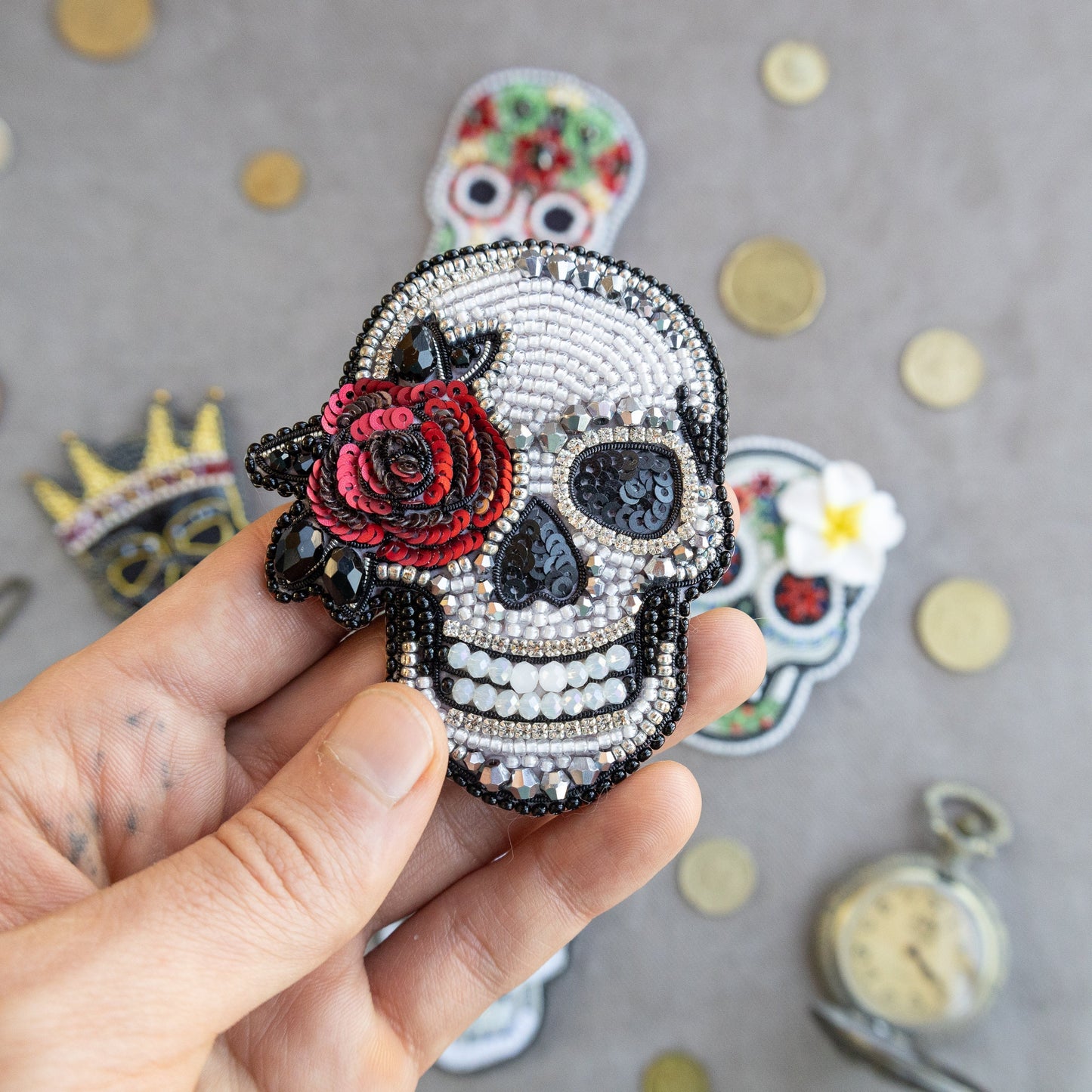 Skull with Rose - Readymade Beaded Brooch