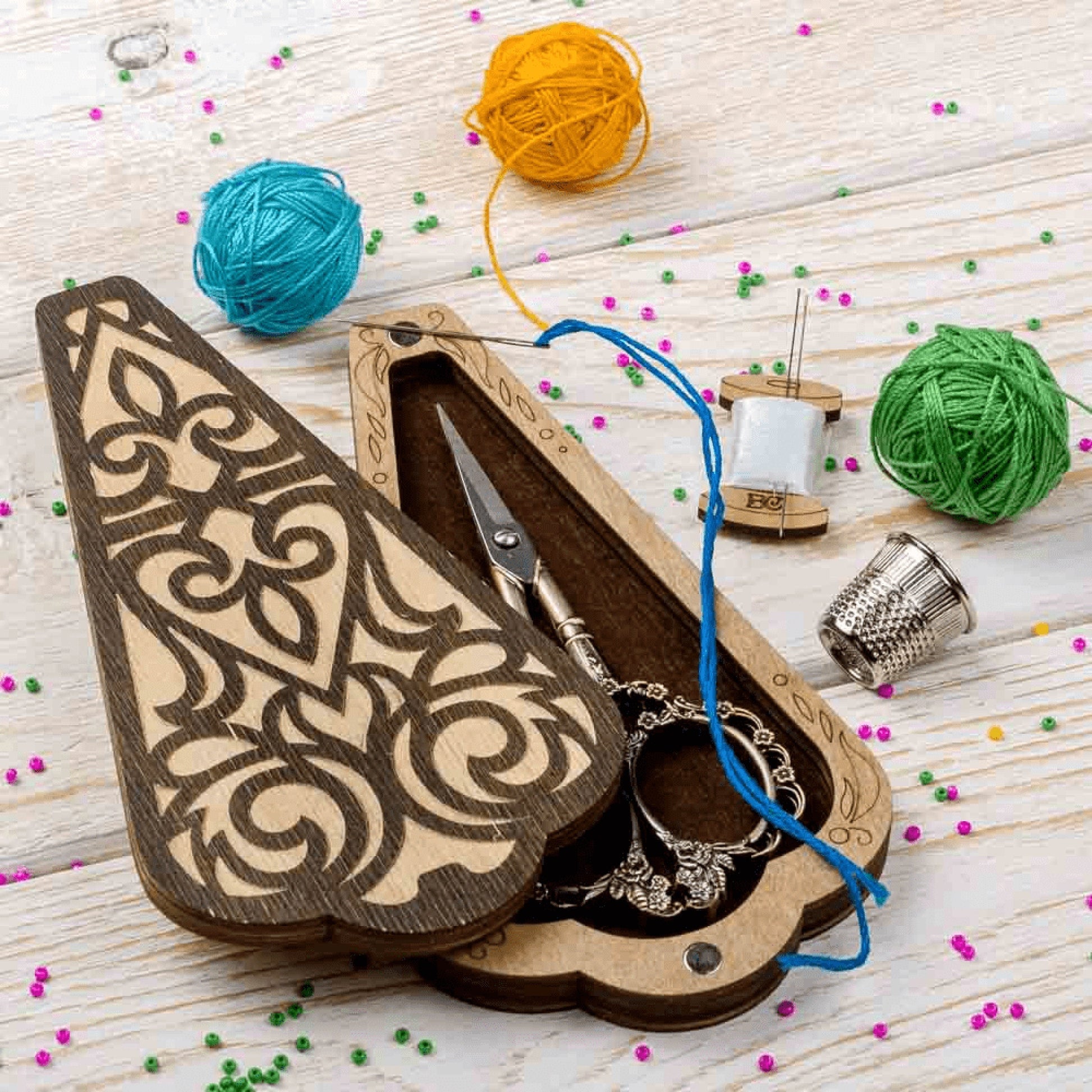 a pair of scissors and some yarn on a table