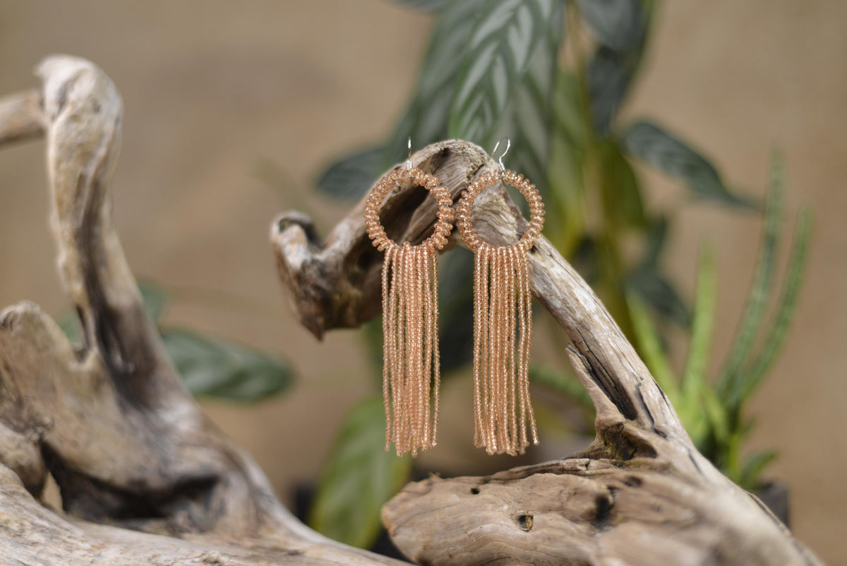 a close up of a pair of earrings on a branch