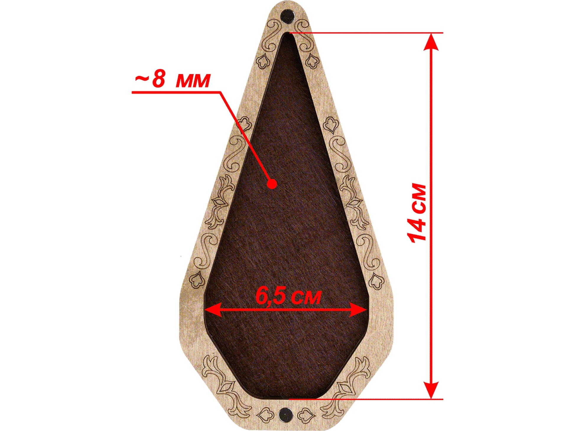 a picture of a tear shaped object with measurements
