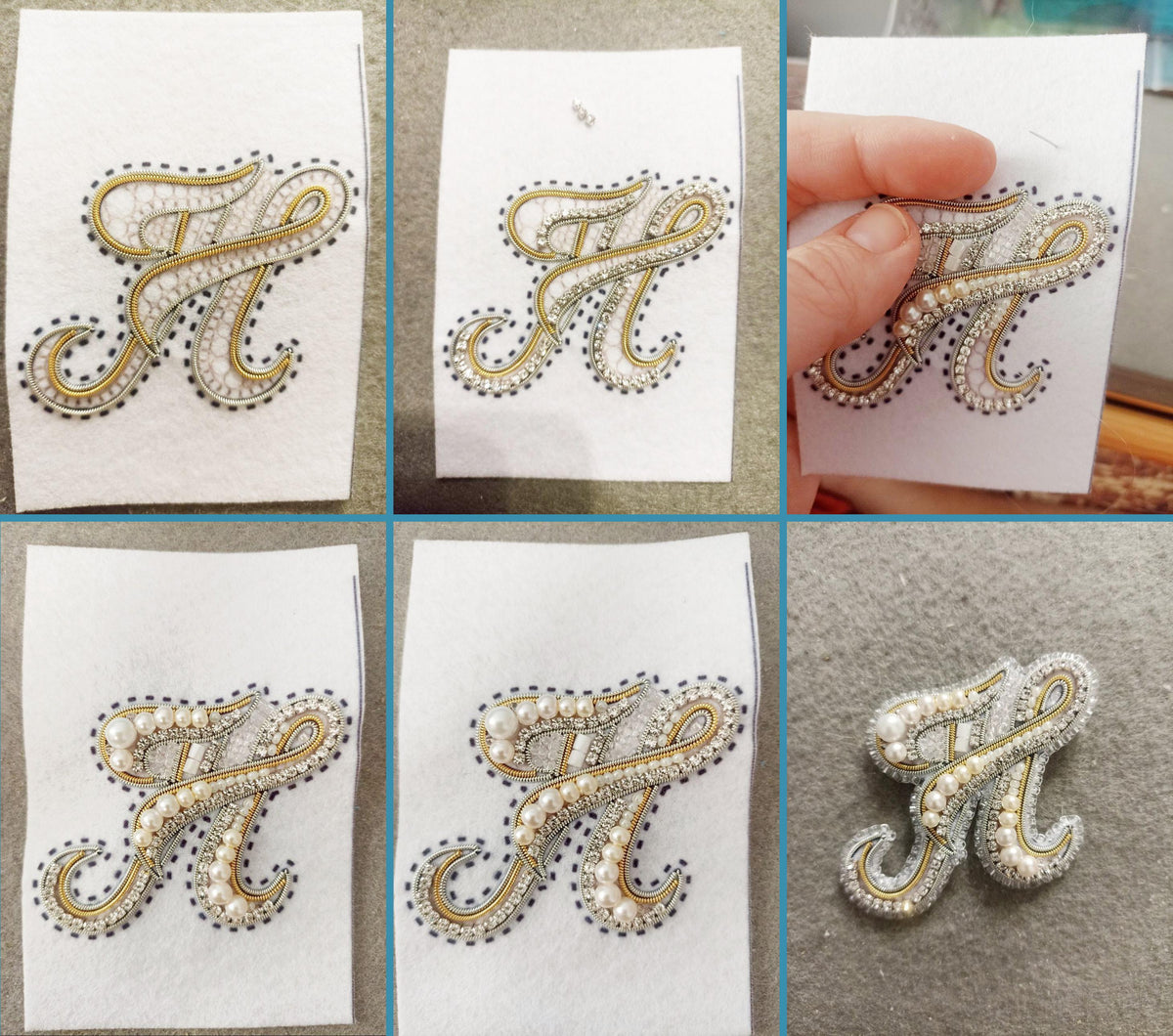 The image is a collage of six images showing the process of creating a decorative letter 'A' using beading and embroidery techniques. The images depict various stages of the process, from the initial design to the final product.